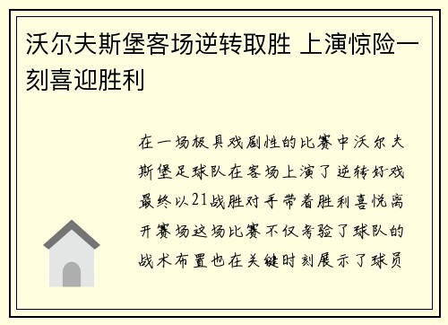 沃尔夫斯堡客场逆转取胜 上演惊险一刻喜迎胜利