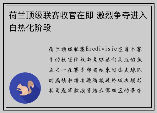 荷兰顶级联赛收官在即 激烈争夺进入白热化阶段