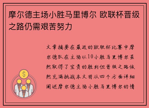 摩尔德主场小胜马里博尔 欧联杯晋级之路仍需艰苦努力