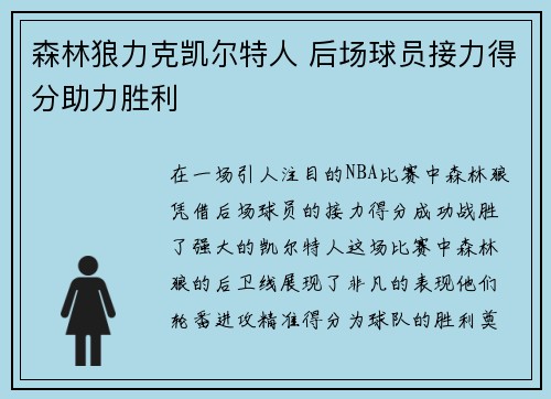 森林狼力克凯尔特人 后场球员接力得分助力胜利