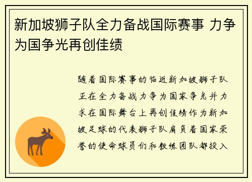 新加坡狮子队全力备战国际赛事 力争为国争光再创佳绩