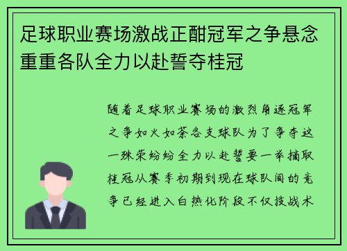 足球职业赛场激战正酣冠军之争悬念重重各队全力以赴誓夺桂冠