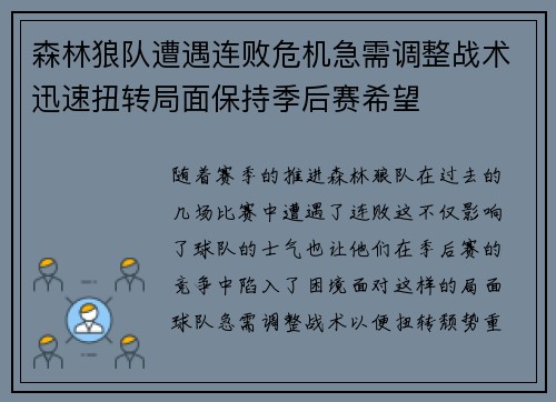 森林狼队遭遇连败危机急需调整战术迅速扭转局面保持季后赛希望