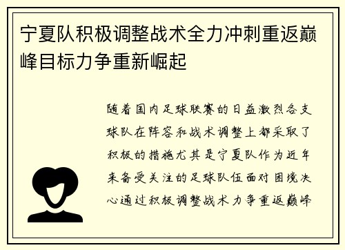 宁夏队积极调整战术全力冲刺重返巅峰目标力争重新崛起